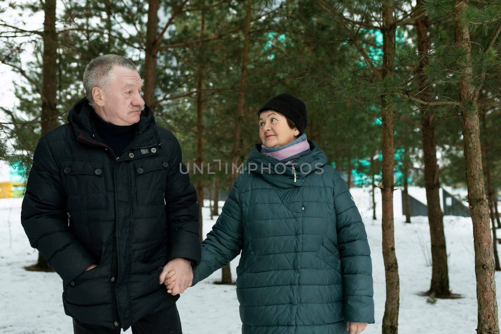 Cute mature couple experiencing love for each other while walking in the park in winter.