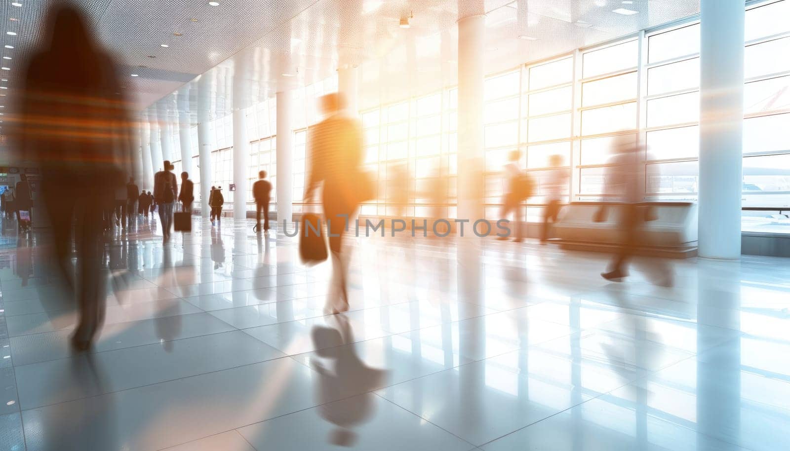 A busy airport with people walking around and carrying luggage by AI generated image.