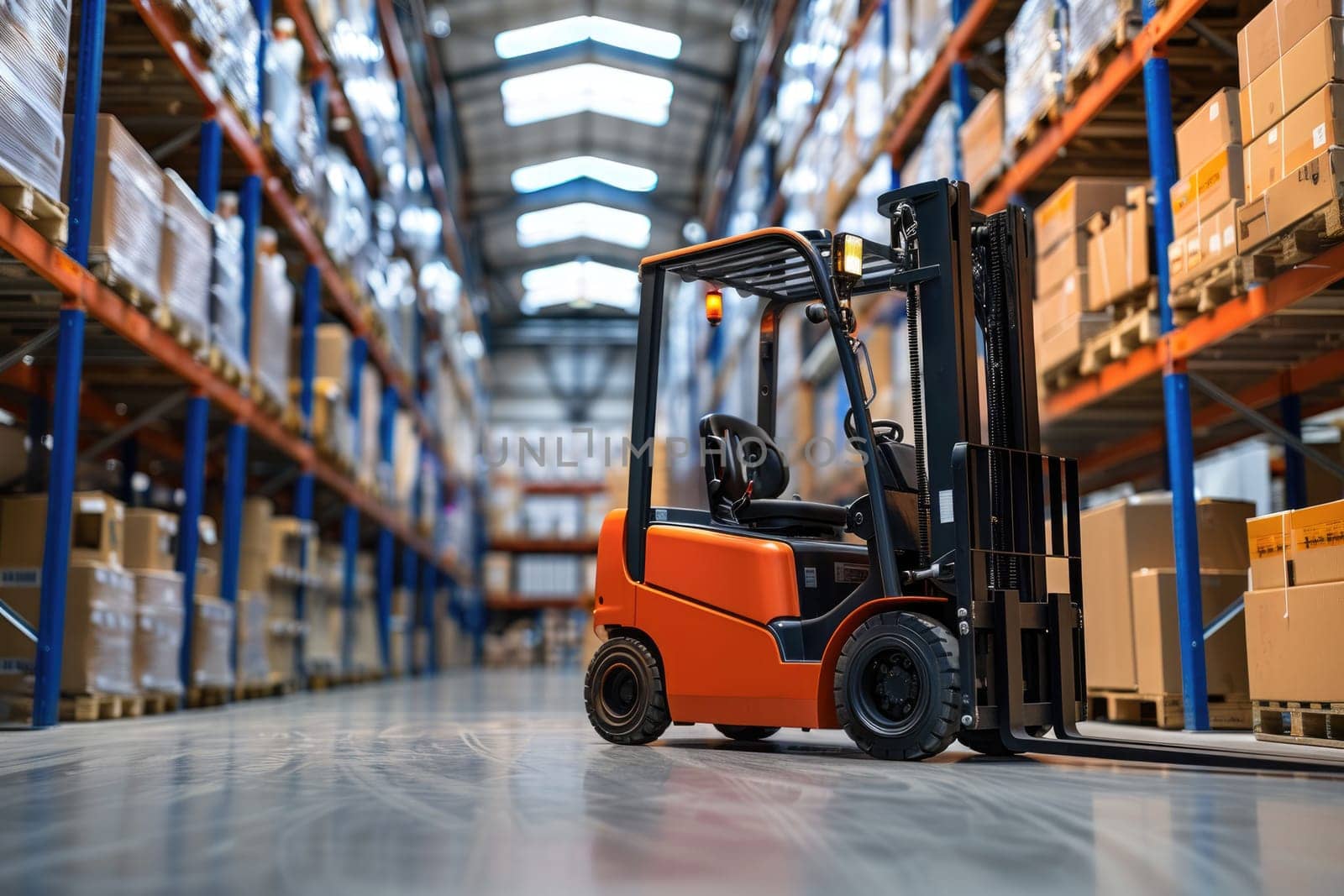 A forklift is driving through a warehouse by AI generated image.