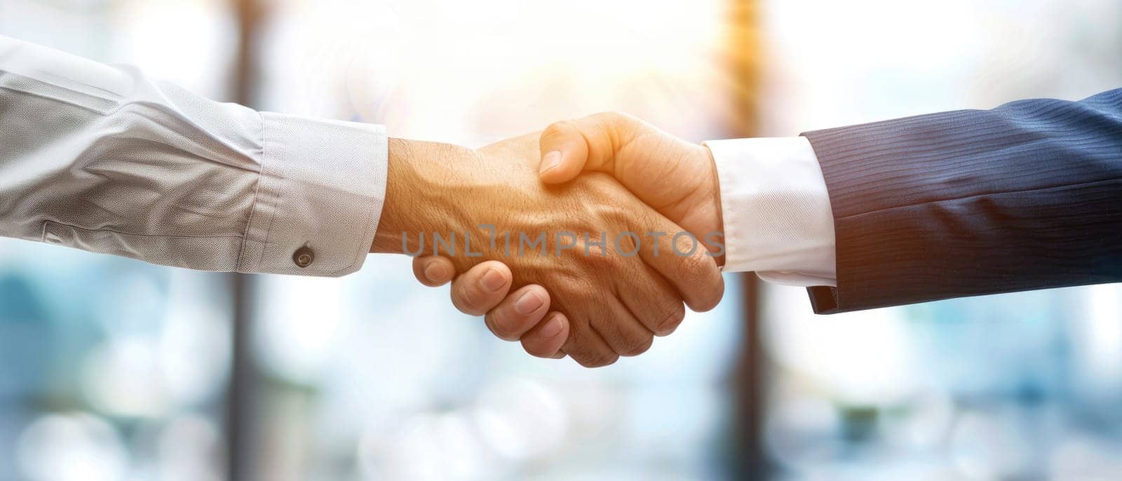 Two men shaking hands in a business setting by AI generated image.