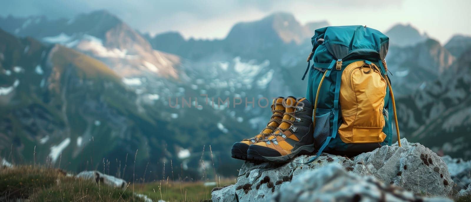 A pair of brown hiking boots are on a rock in front of a mountain by AI generated image by wichayada