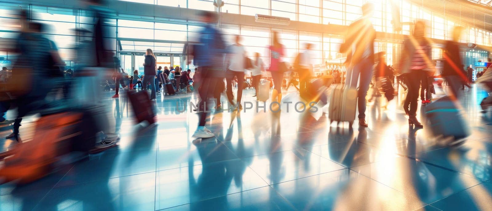 A busy airport with people walking around and carrying luggage by AI generated image.
