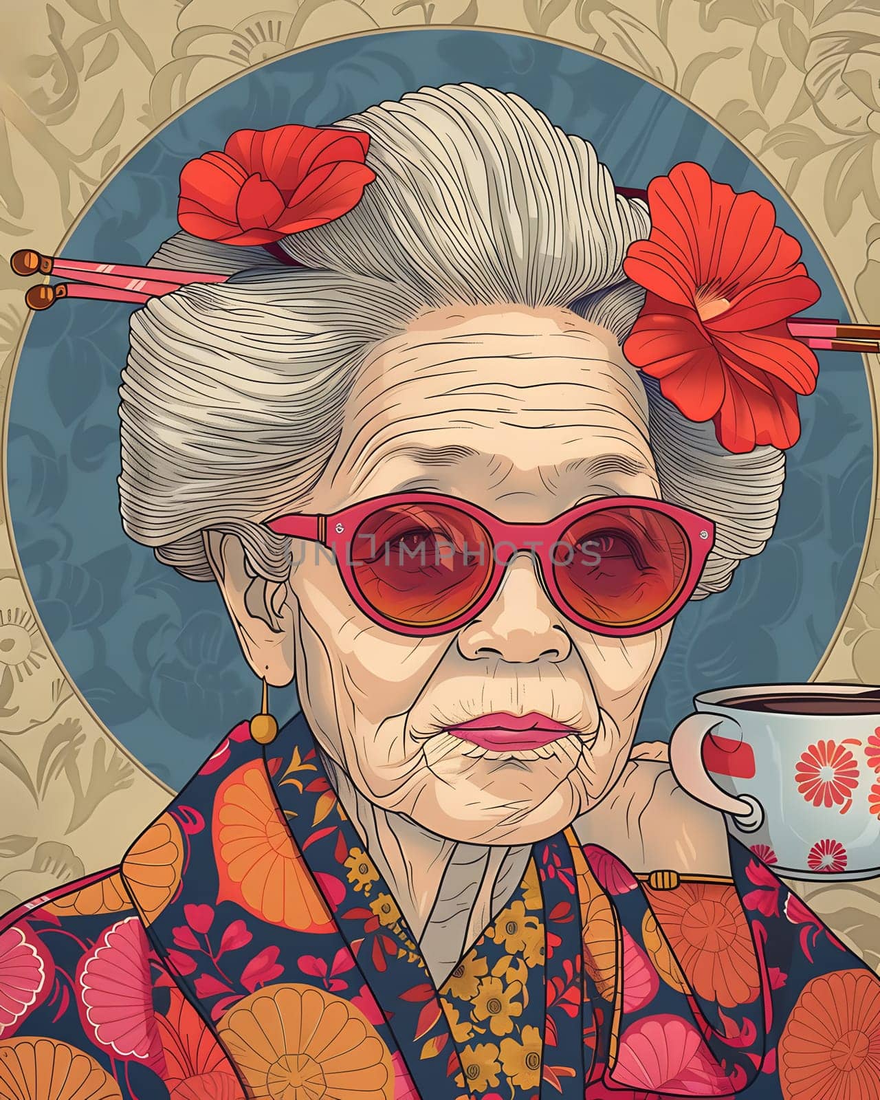 An elderly woman wearing sunglasses and a flower in her hair is holding a cup of coffee, showcasing a unique hairstyle and vision care