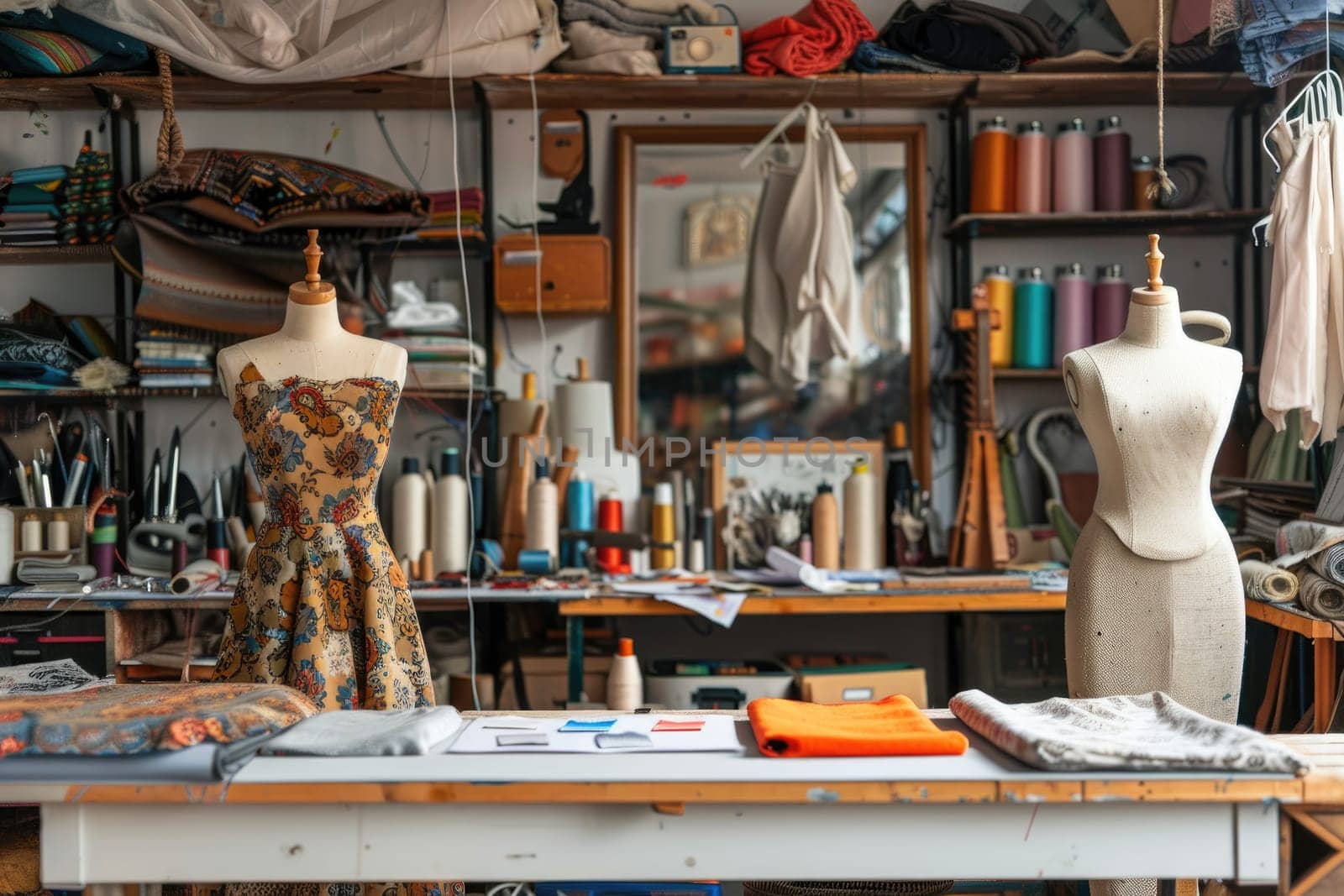 A room with a sewing machine and a mannequin by AI generated image.