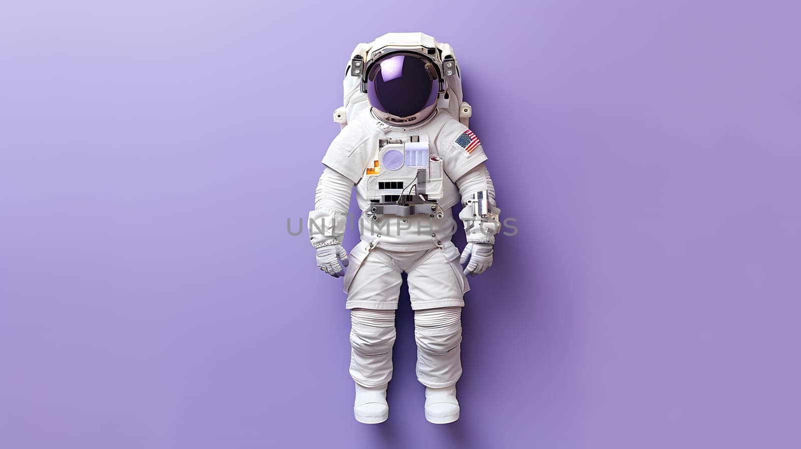 a toy astronaut is standing on a purple background . High quality