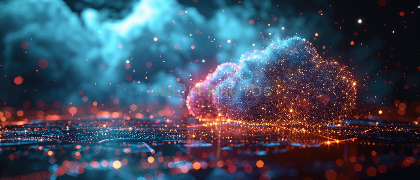 A computer generated image of a cloud with a city in the background by AI generated image.