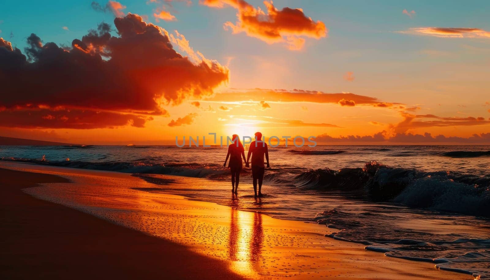 A group of three people are walking on the beach at sunset by AI generated image.