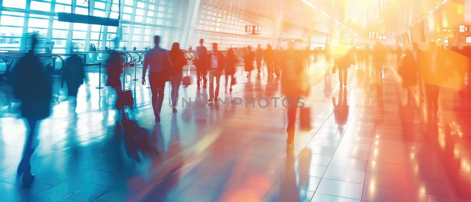 A busy airport with people walking around and carrying luggage by AI generated image by wichayada