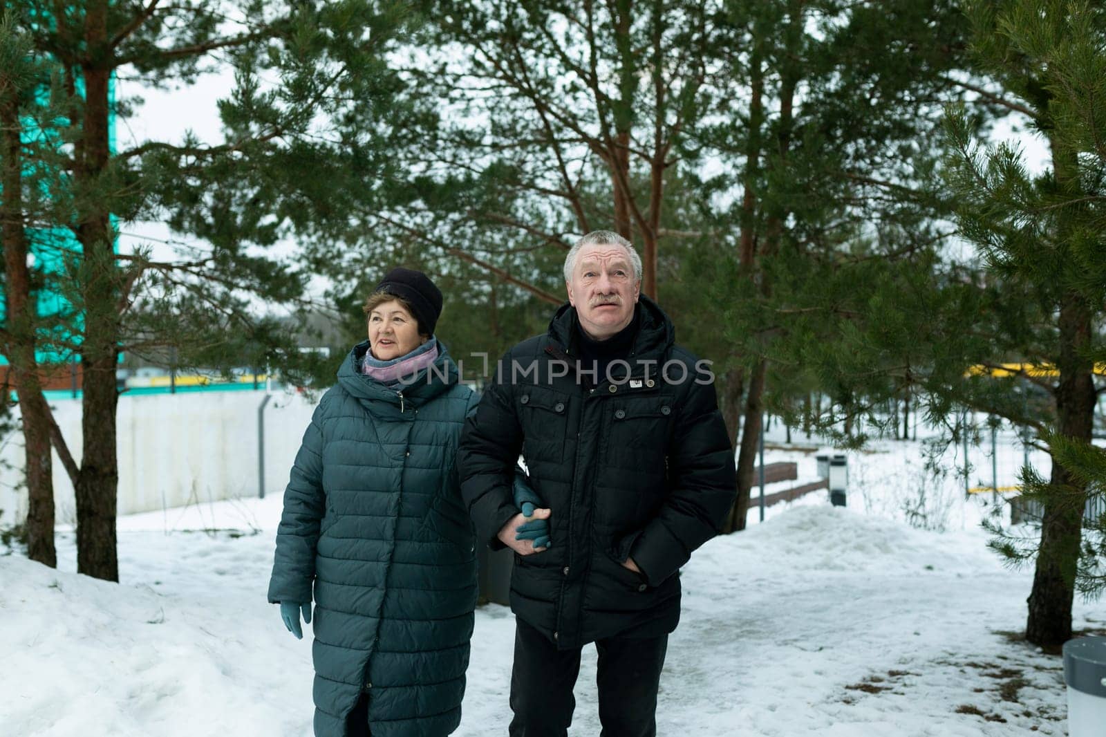 Cute retired couple walking in the park and enjoying a conversation.