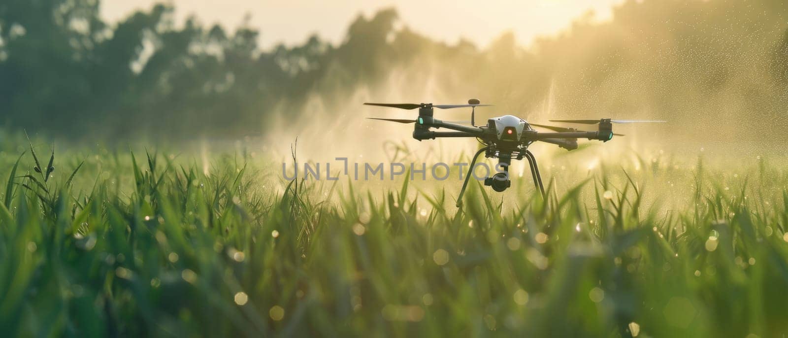A drone spraying a field of crops by AI generated image by wichayada