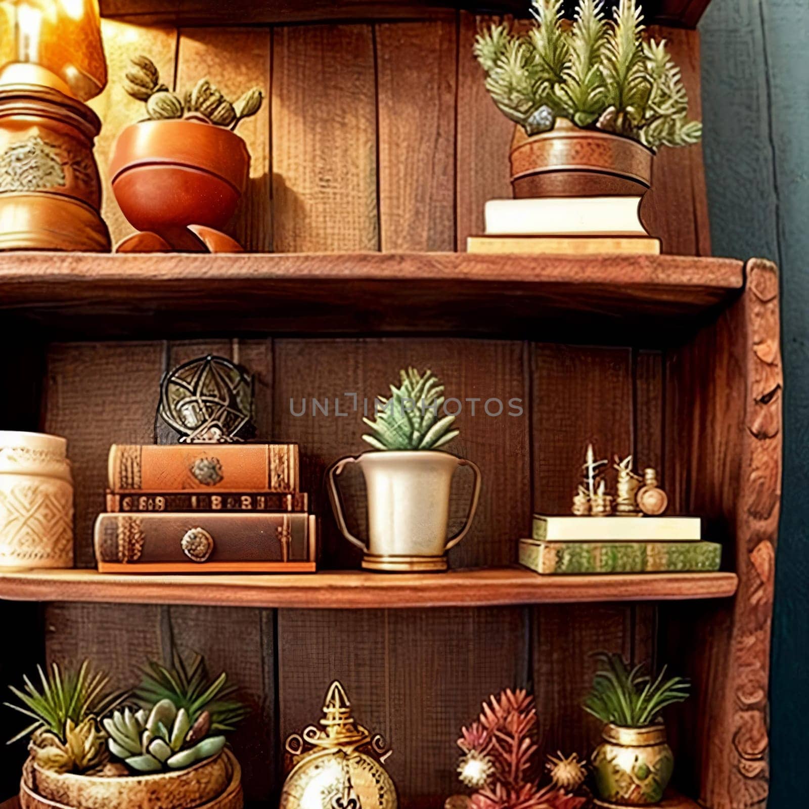Intricate details of a rustic wooden bookshelf. by GoodOlga