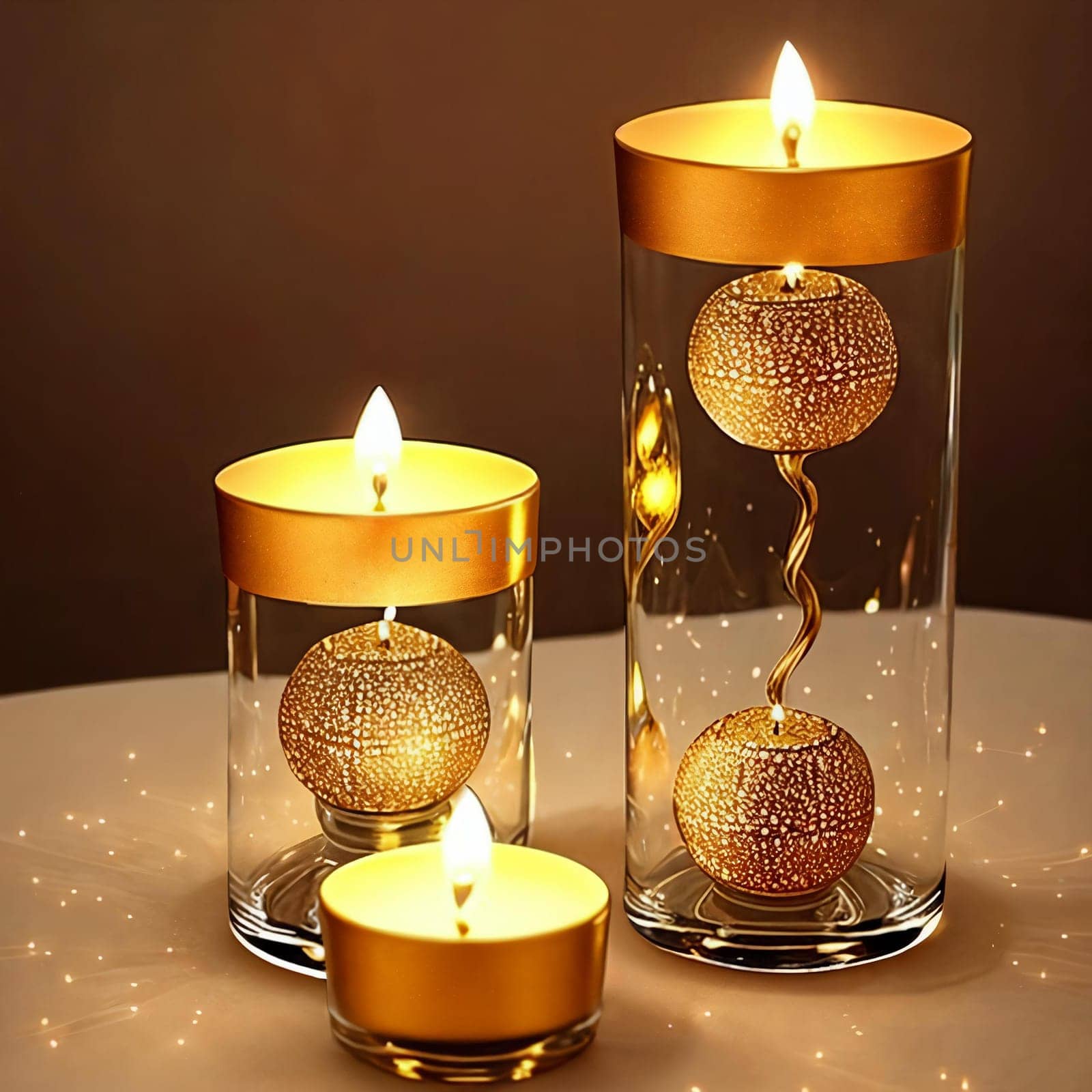 Cluster of decorative glass candle holders reflecting the warm glow of flickering candles. Interplay of light and glass textures to create a captivating image of ambiance and serenity