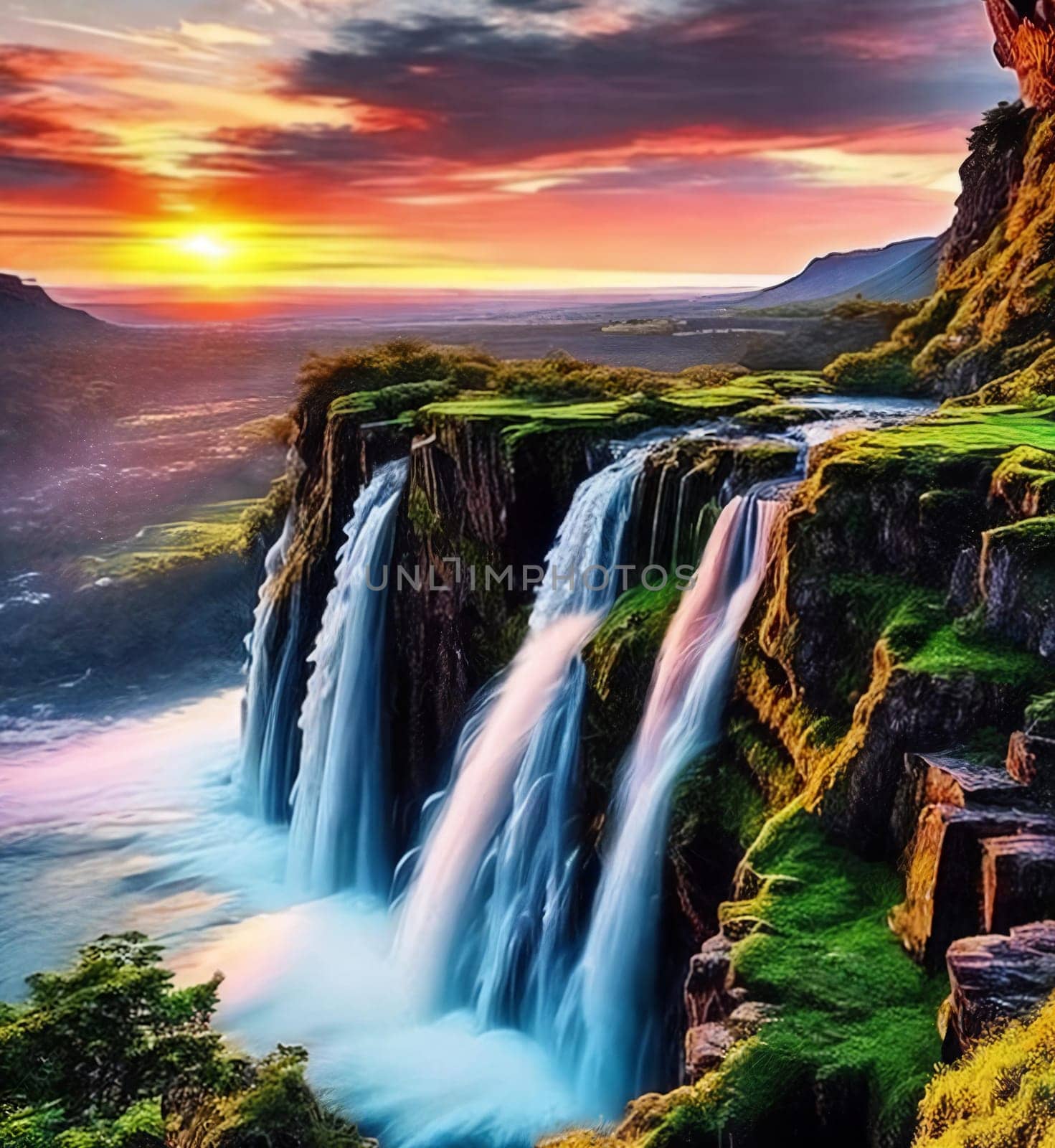 Fantasy beautiful landscape with waterfall at sunset