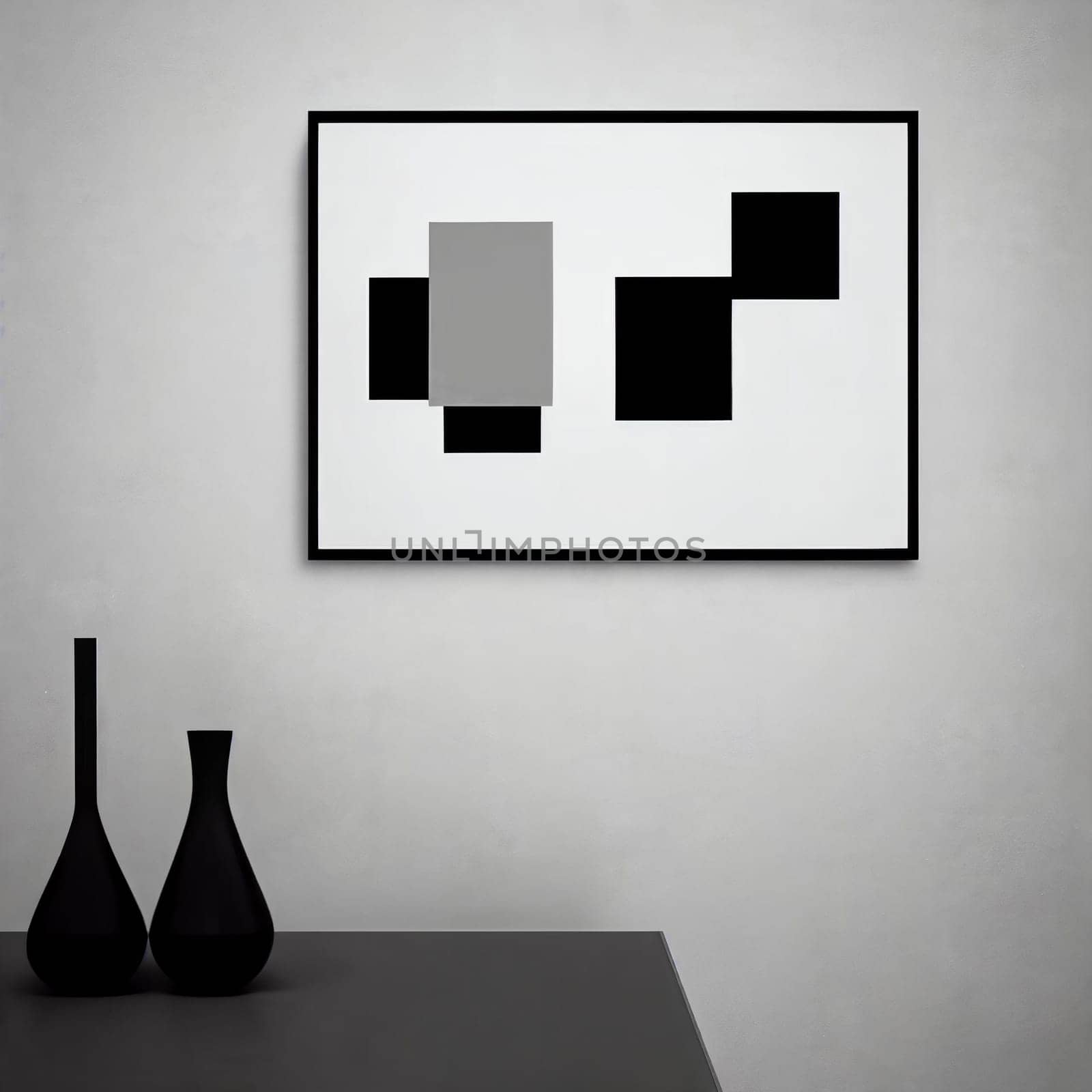 Close-up shot of an abstract modern art print hanging on a monochrome wall.