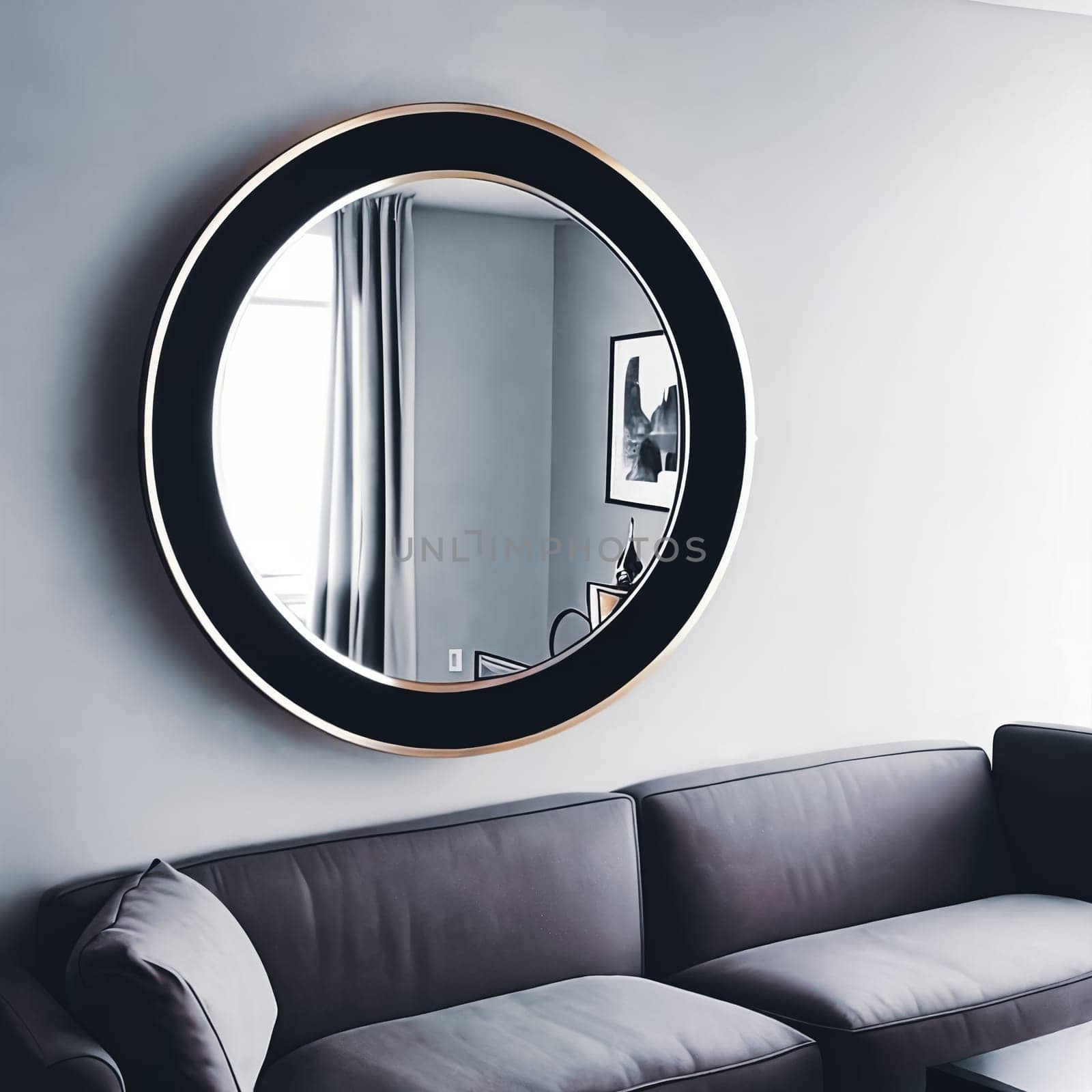 Close-up shot of a stylish round wall mirror reflecting a modern living room decor. Clean lines and contemporary aesthetic to showcase the versatility and sophistication of the interior design