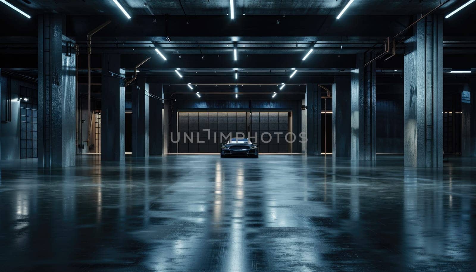 A black car is parked in a large, empty room by AI generated image.