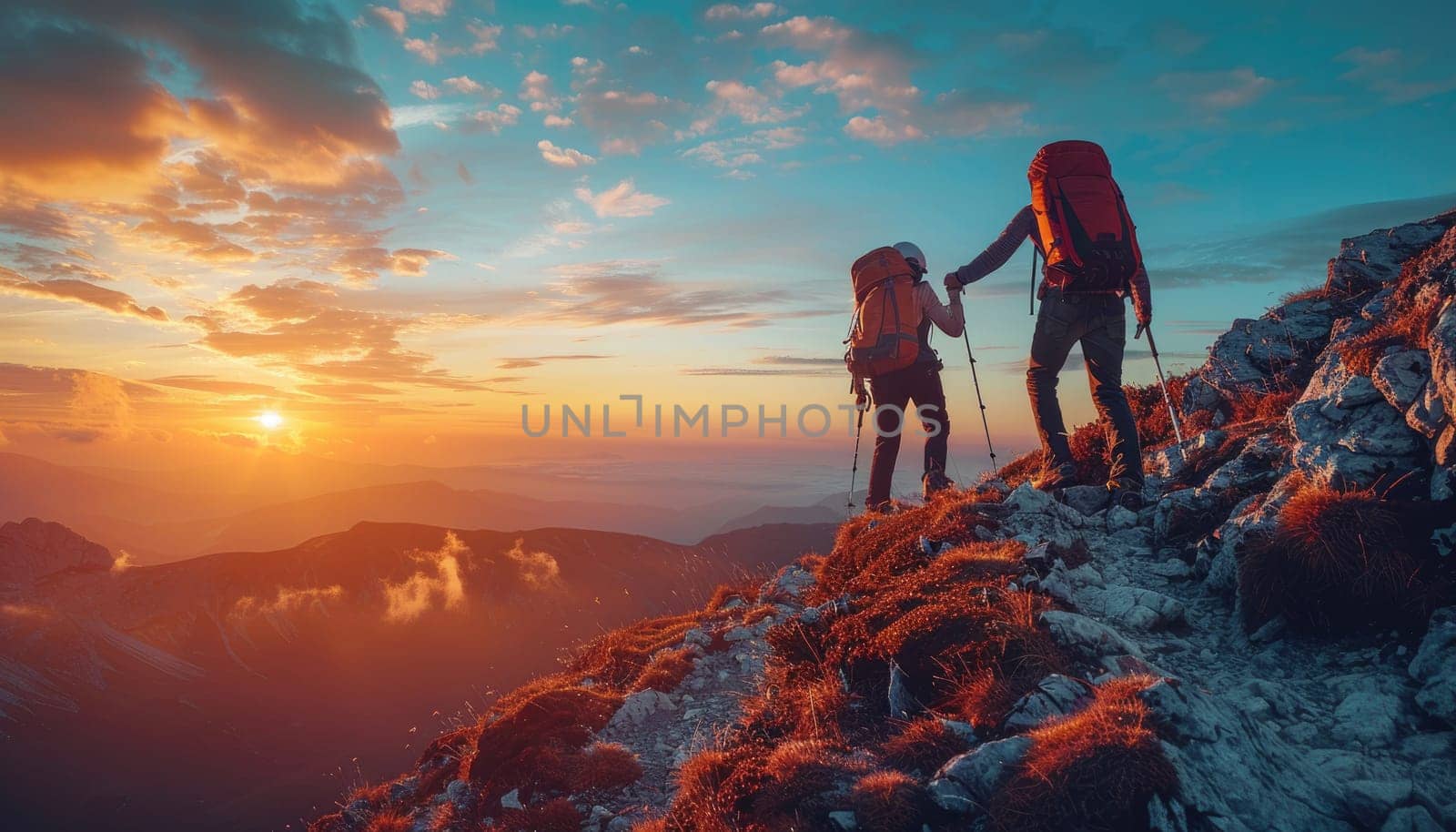 Two people are hiking up a mountain, one of them wearing a blue backpack by AI generated image.