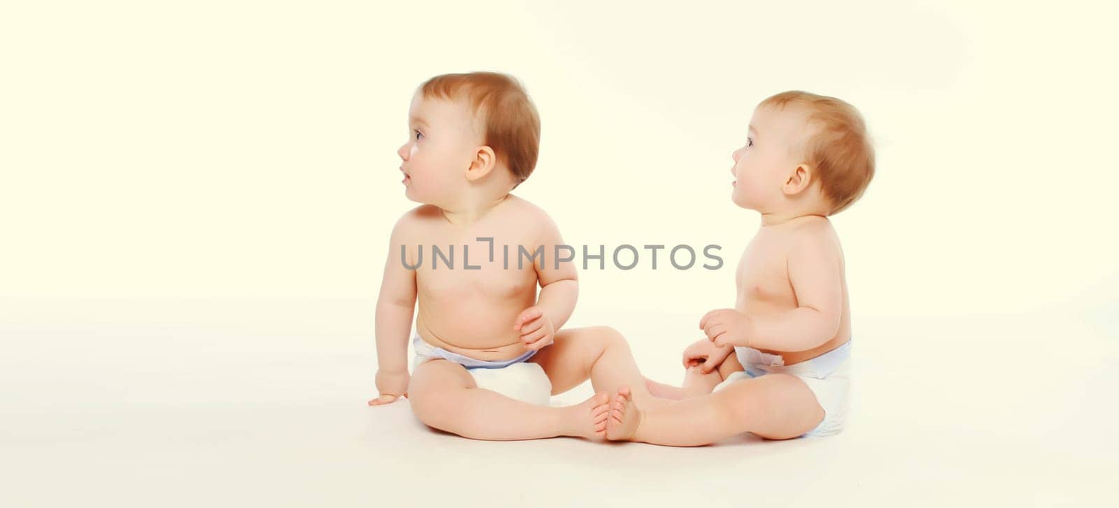 Two twin babies in diapers sitting on the floor on white studio background by Rohappy