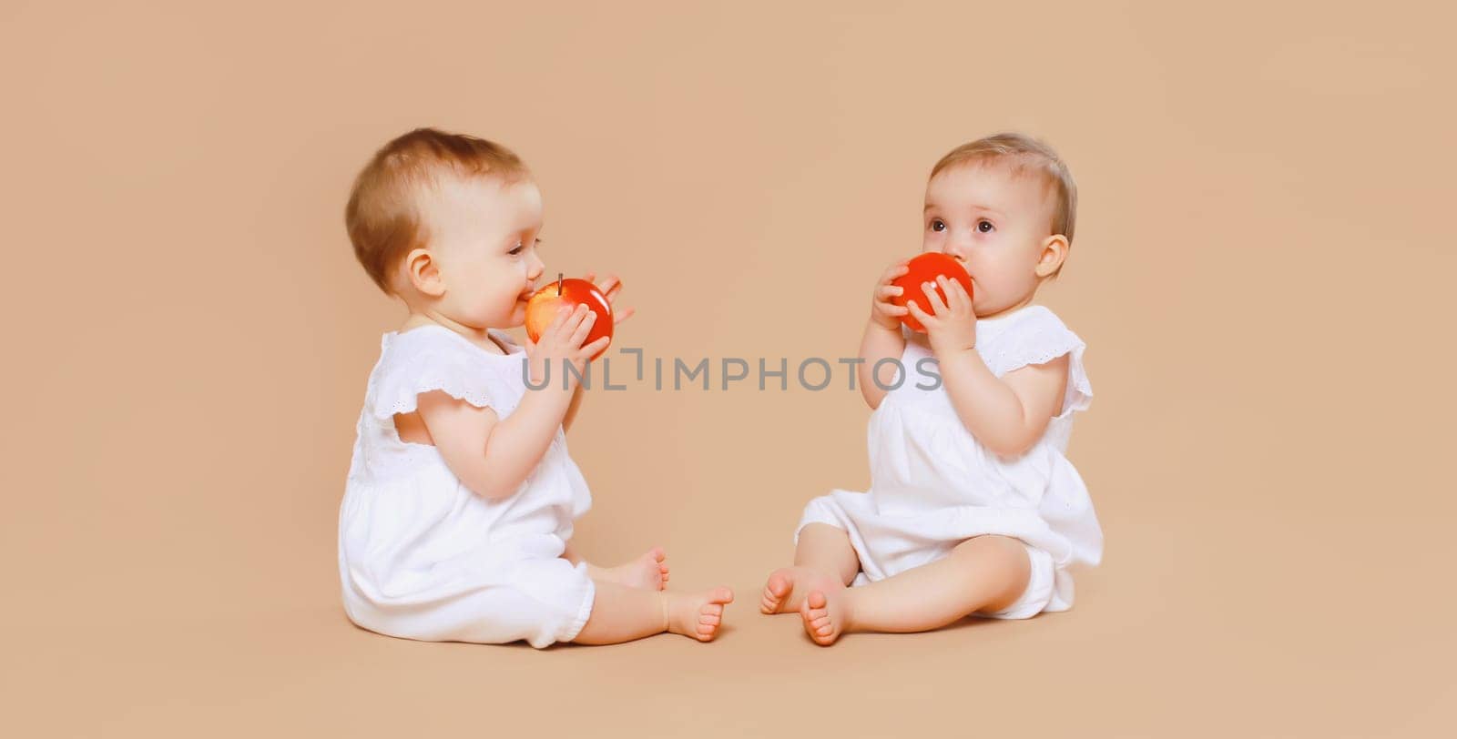 Two twin babies eating red apple fruit together sitting on the floor on brown studio background