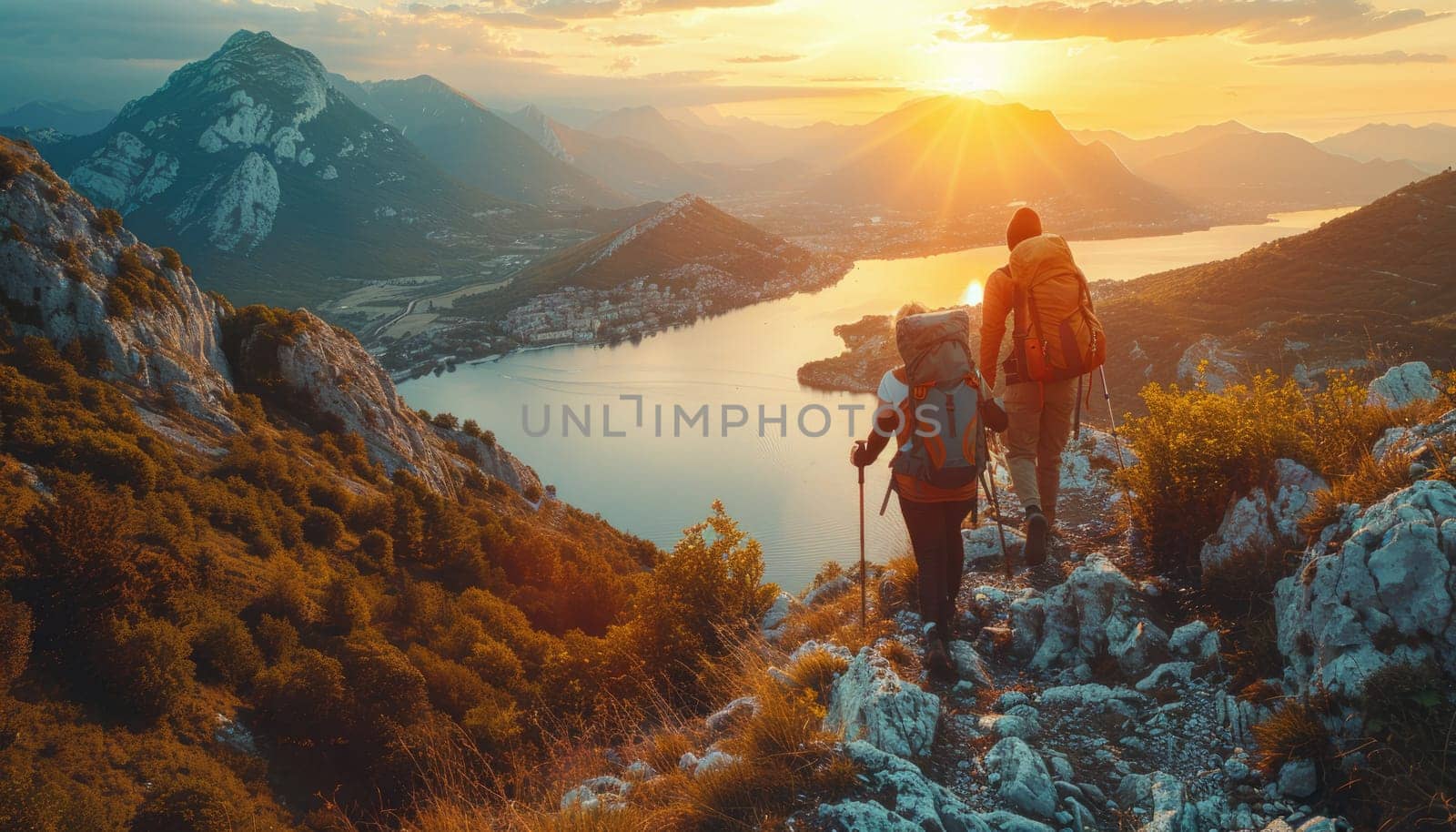 Two people are hiking up a mountain, one of them wearing a blue backpack by AI generated image by wichayada