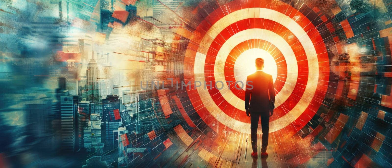 A man stands in front of a red target by AI generated image.