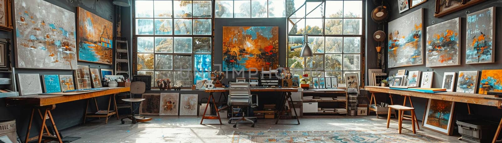 Modern Art Studio Teeming with Creativity and Commerce, The swirl of artists and canvases blurs into a hub of creative business and art sales.