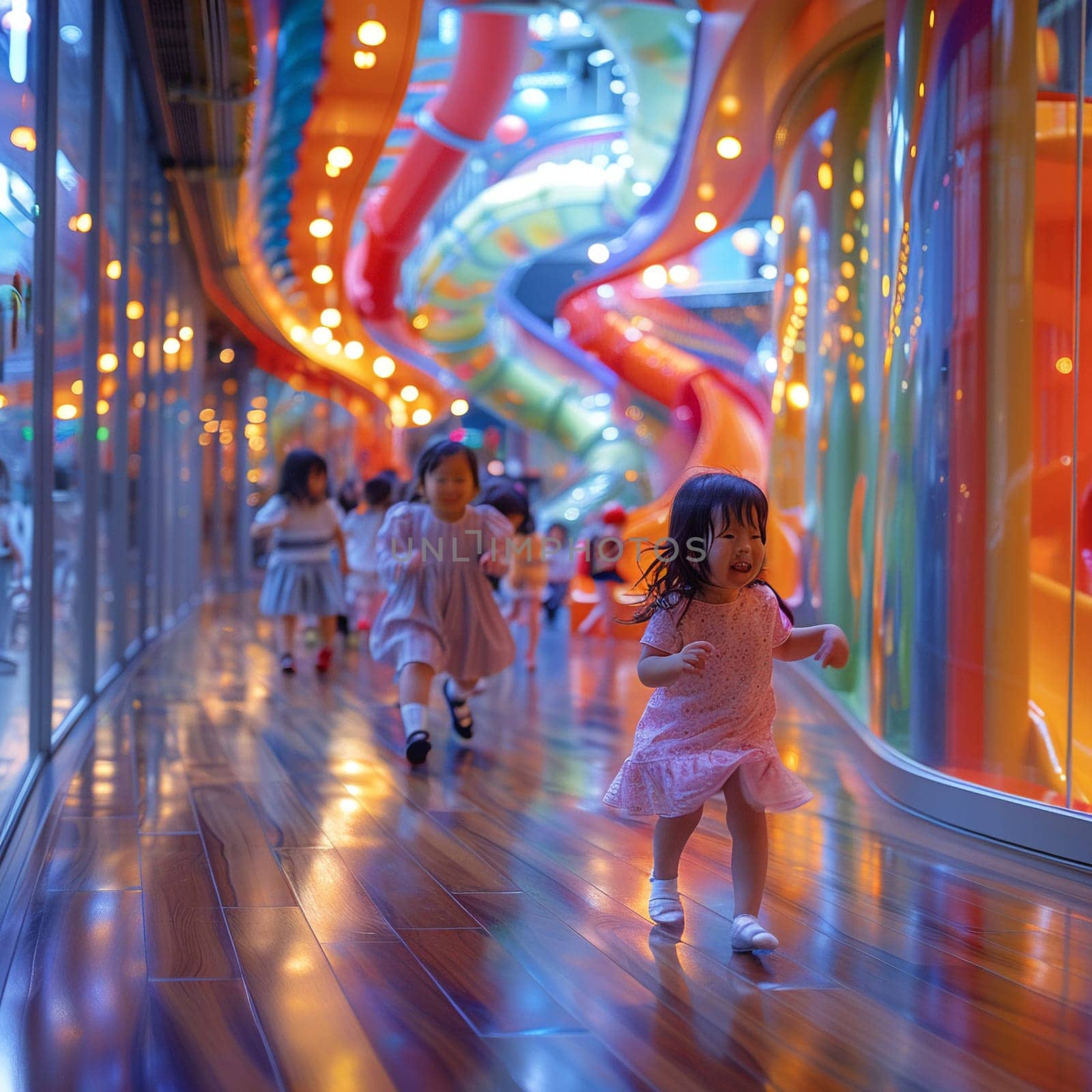 Lively Children Play Center Buzzing with Family-Friendly Business, The cheerful blur of playing children and families represents a thriving family business atmosphere.