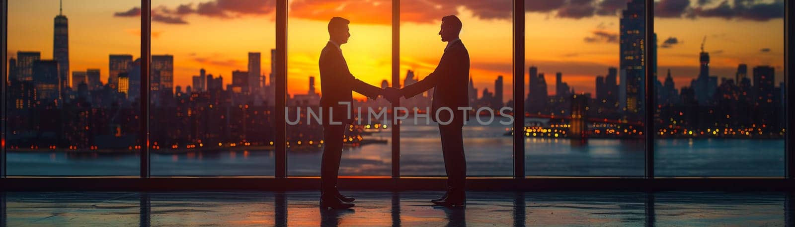 Finalizing a Business Deal with a Firm Handshake Downtown, Two professionals seal a partnership with the skyline stretching behind them.