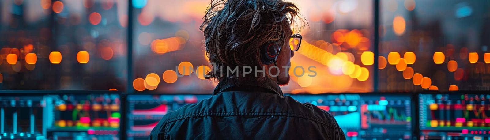 Focused Financial Analyst Surrounded by Live Market Data, Deep in concentration, an expert analyzes fluctuating stock market screens.