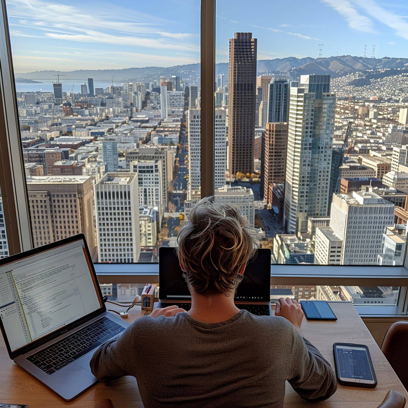 Dedicated Programmer Developing Software in Silicon Valley, A tech wizard codes away in a casual office with iconic tech hub views.