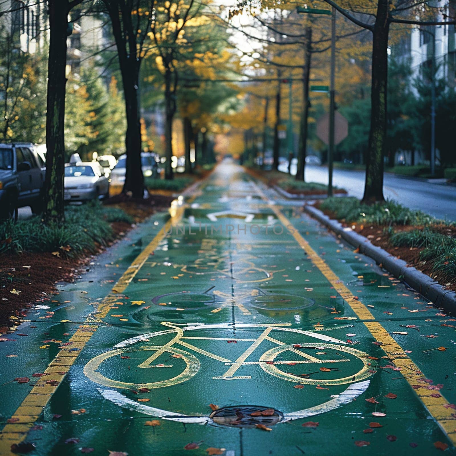 Bicycle Paths Pave the Way for Green Commutes in Business of Urban Cycling, Lane markers and city views chart a course of eco-commuting in the cycling business.