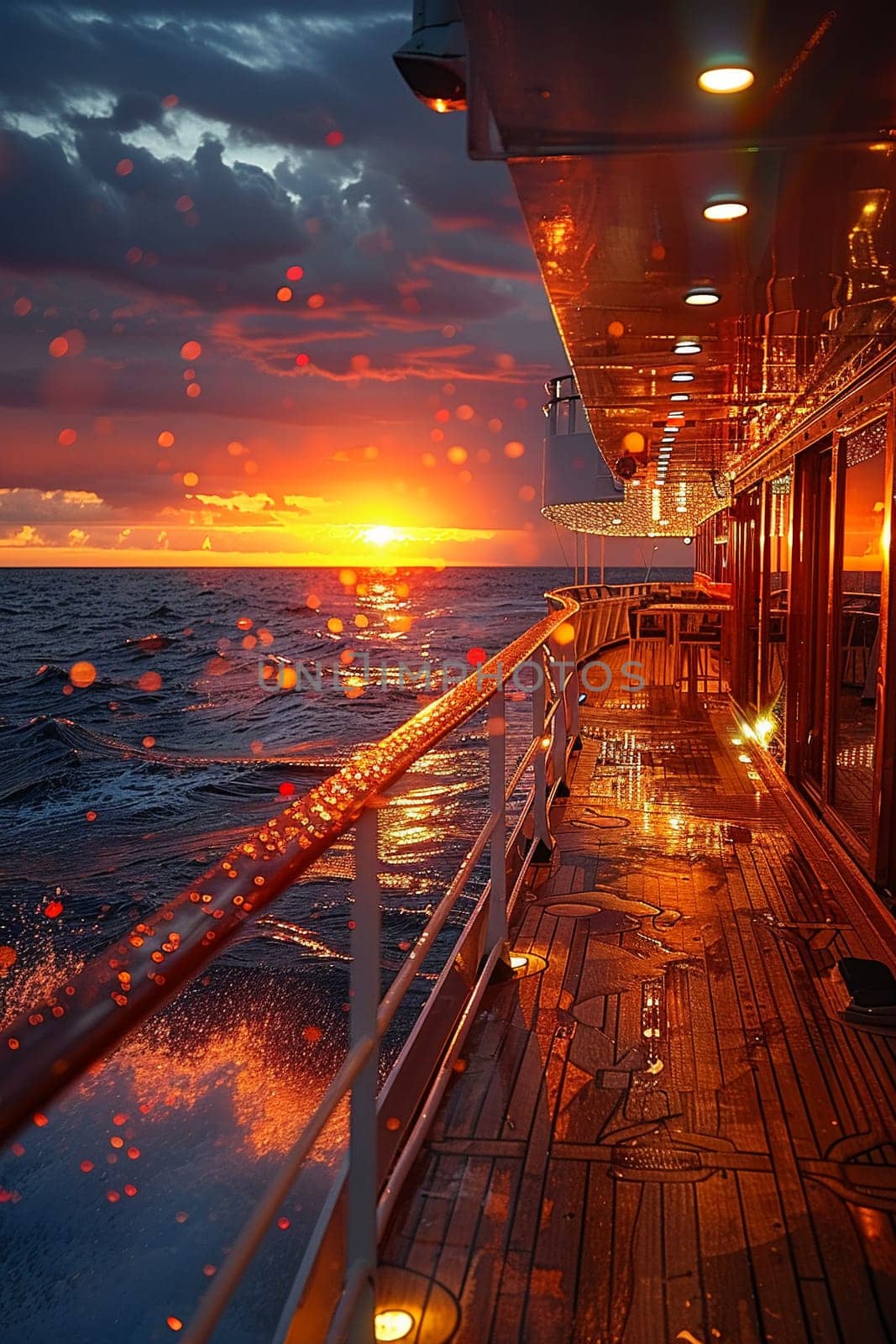 Sunset Cruise Ship Deck Hosting Corporate Celebrations, The golden blur of a sunset on the deck sets the scene for exclusive business festivities.