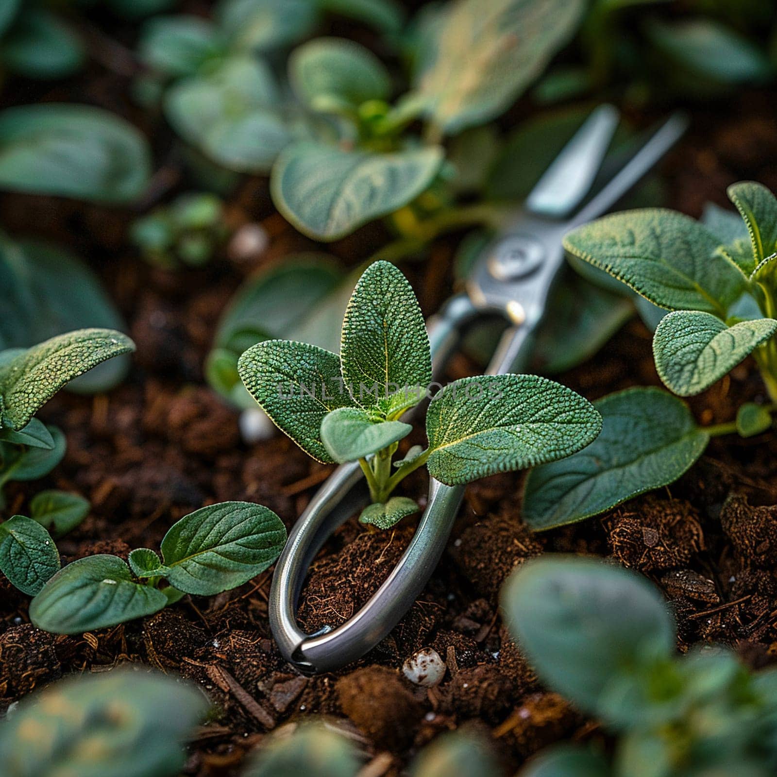 Herb Garden Cultivates Flavorful Growth in Business of Gourmet Gardening, Herb scissors and plant labels cultivate a story of flavorful growth and gourmet gardening in the herb garden business.