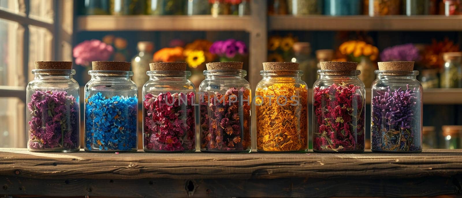 Herbalist Shop Bottles Wellness in Business of Natural Remedies, Jars and herbs concoct a story of healing and nature in the wellness business.