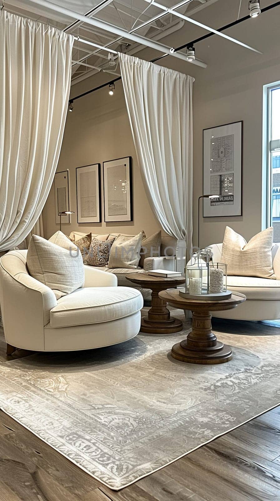 Home Design Showroom Inspires Renovation Ideas for Business Spaces, Couches and curtains illustrate the potential for transforming business environments.
