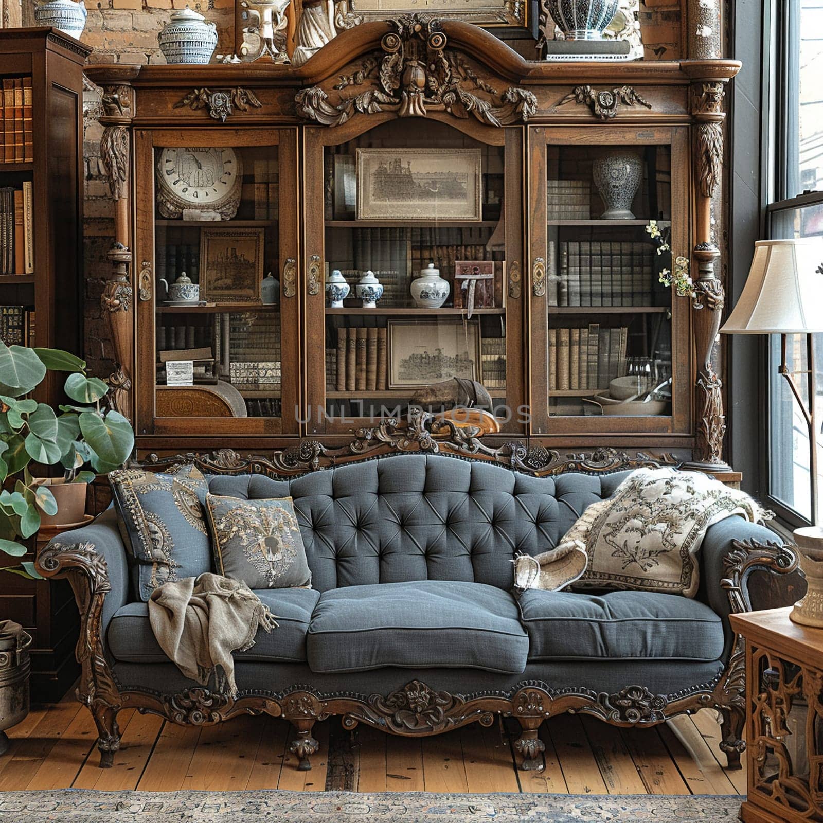 Curated Antique Gallery Recounts Historical Tales in Business of Collectible Treasures and Vintage Finds, Curio cabinets and antique lamps recount historical tales and collectible treasures in the curated antique gallery business.