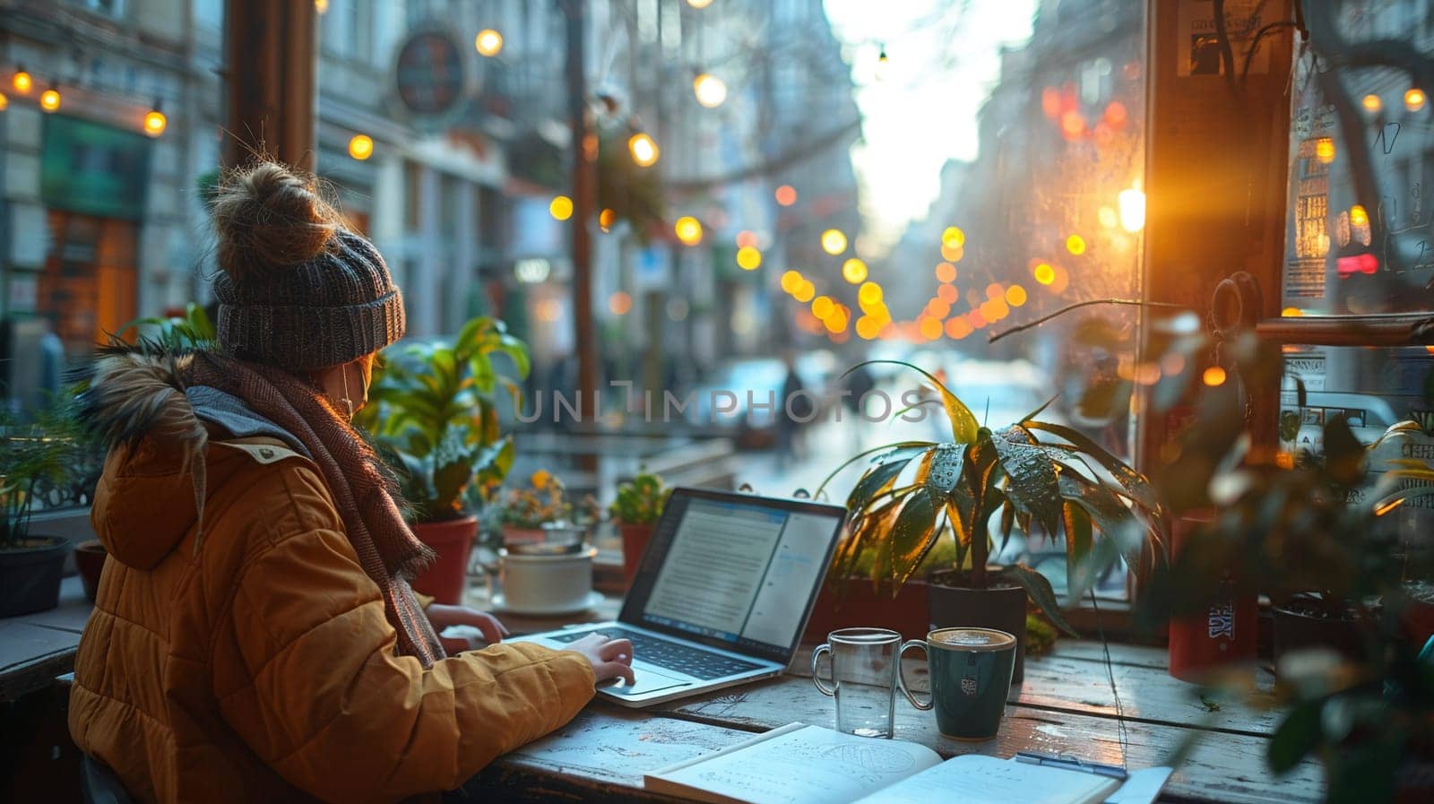 Digital Nomad Crafts Blog Posts in Exotic Cafe Setting, A blogger pens their latest post in a cafe that spills onto sunlit foreign streets.