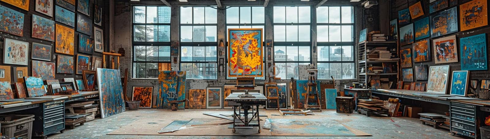 Modern Art Studio Teeming with Creativity and Commerce, The swirl of artists and canvases blurs into a hub of creative business and art sales.