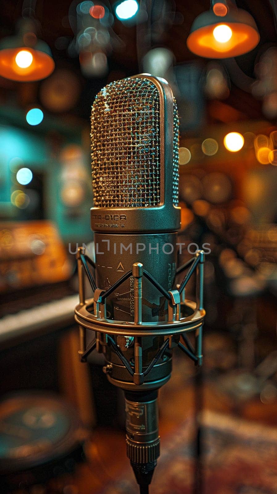 Recording Studio Microphone Captures Melody in Business of Music Production, Pop filters and cables weave a harmonious tale of sound and talent in the music business.