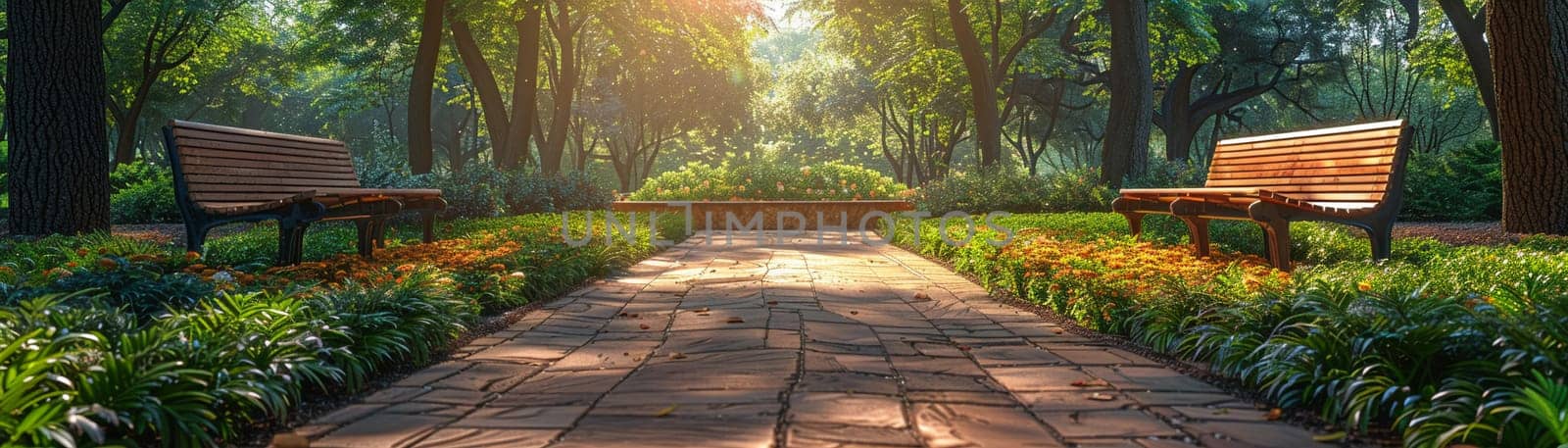 Serene Public Garden Invites Business Professionals to Unwind, Paths and benches offer a narrative of respite and contemplation amid business chaos.