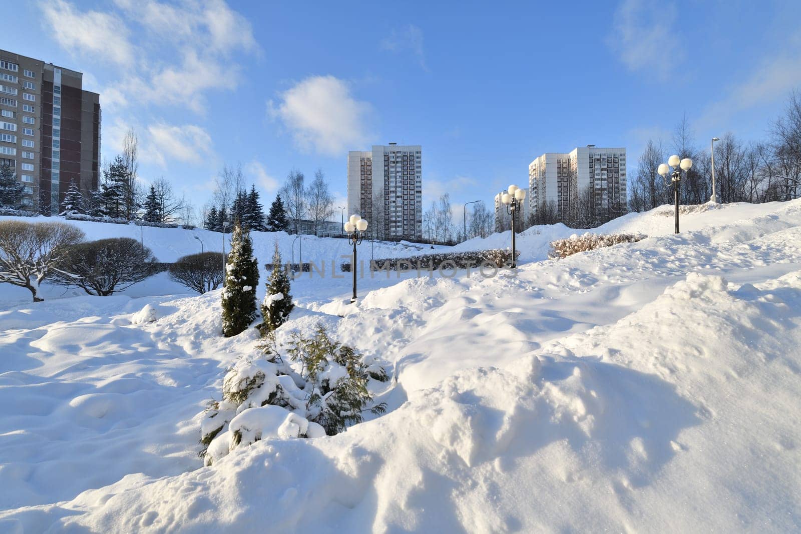 Cityscape with snowdrifts in the Zelenograd in Moscow, Russia