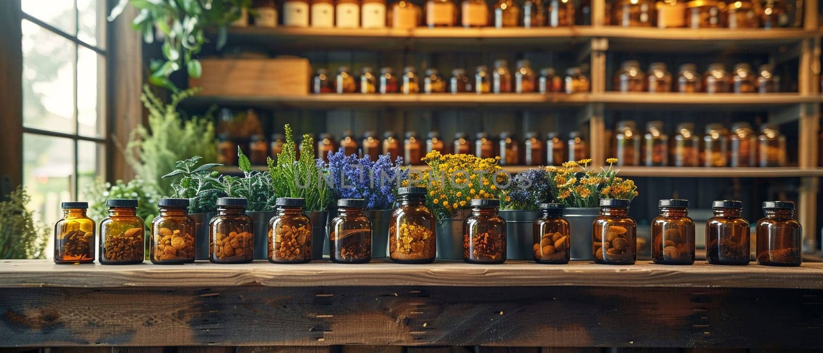 Herbalist Shop Bottles Wellness in Business of Natural Remedies, Jars and herbs concoct a story of healing and nature in the wellness business.