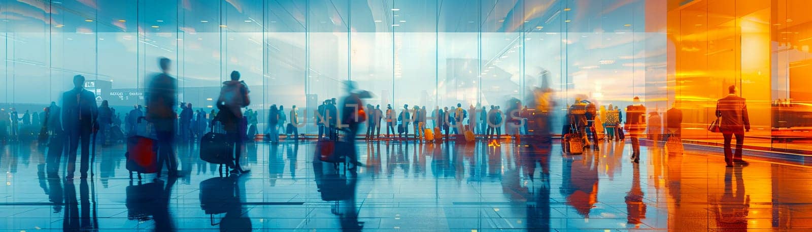 International Airport Lounge Buzzing with Global Business Travelers, Travelers passing through a blur convey the constant movement of international business.