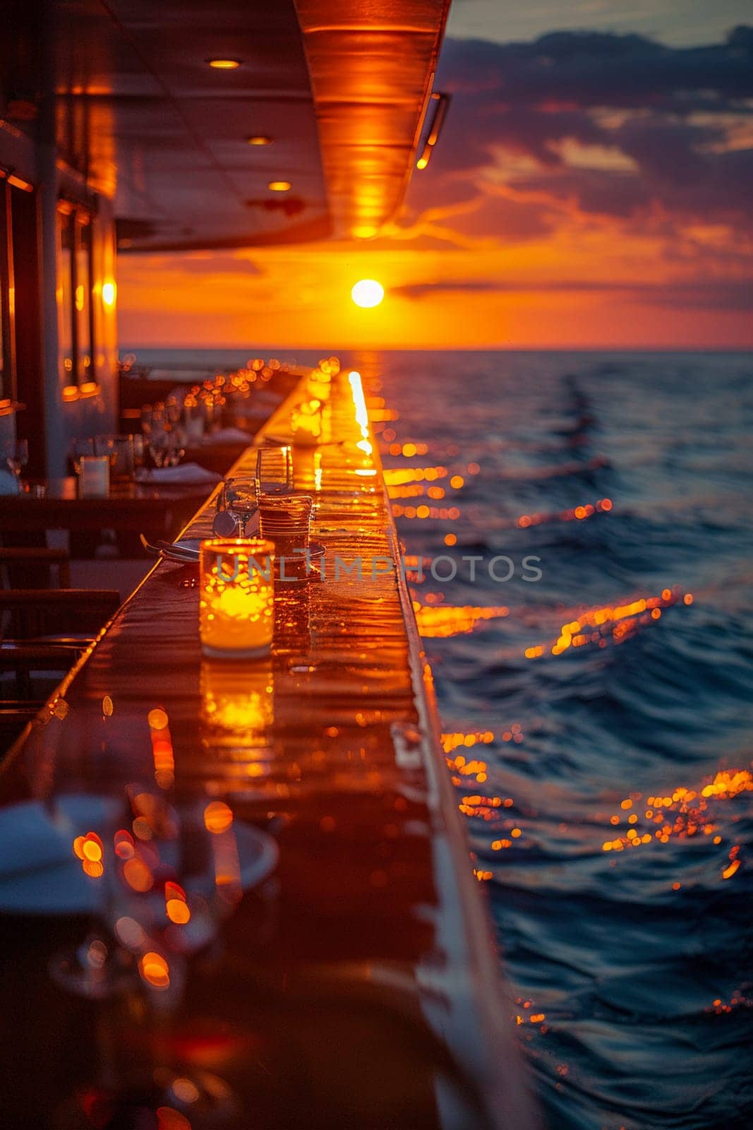 Sunset Cruise Ship Deck Hosting Corporate Celebrations, The golden blur of a sunset on the deck sets the scene for exclusive business festivities.