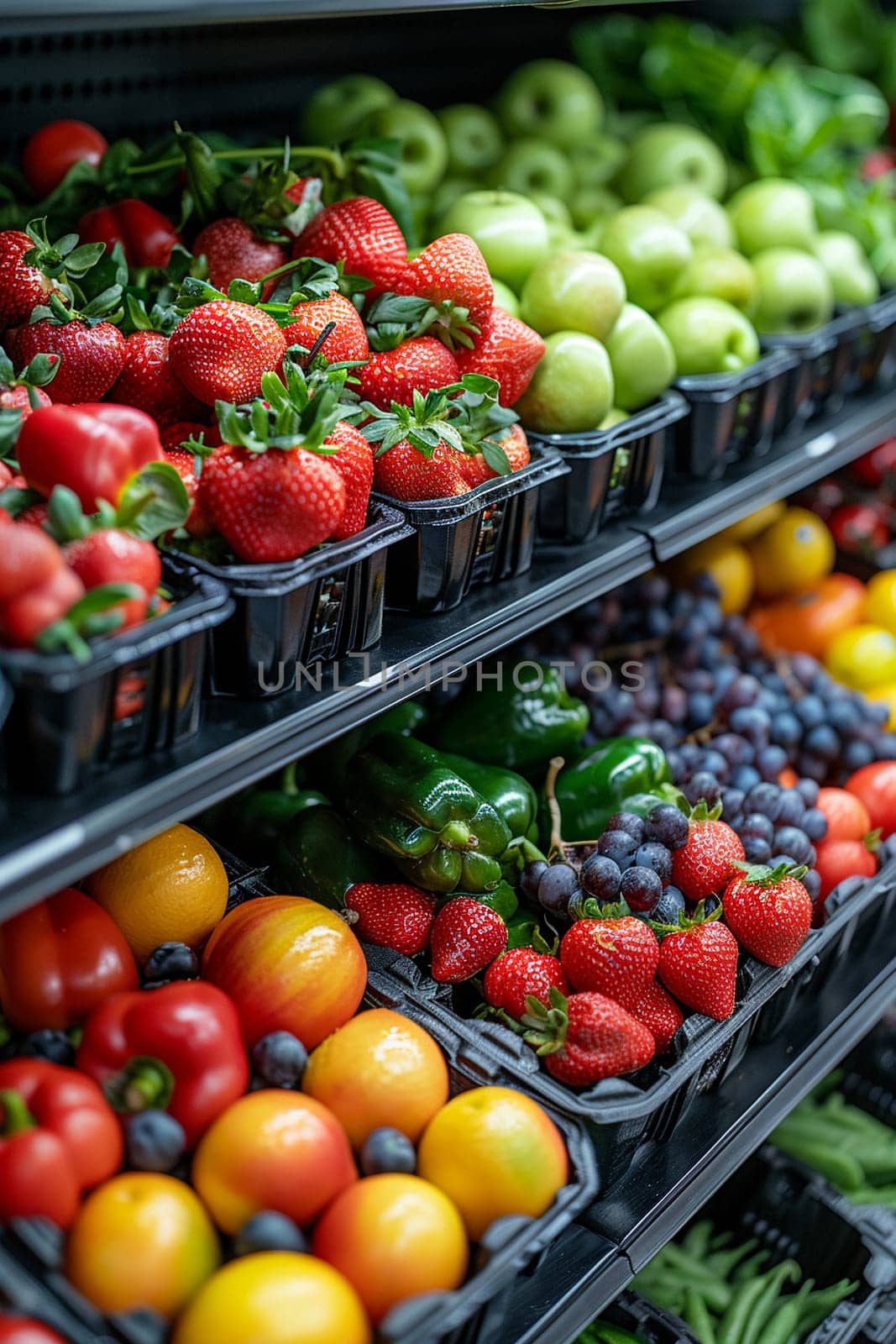 Organic Grocery Aisles Stock Wellness in Business of Healthy Eating, Fruits and vegetables lay out the plot of nutrition and sustainability in the business of food.