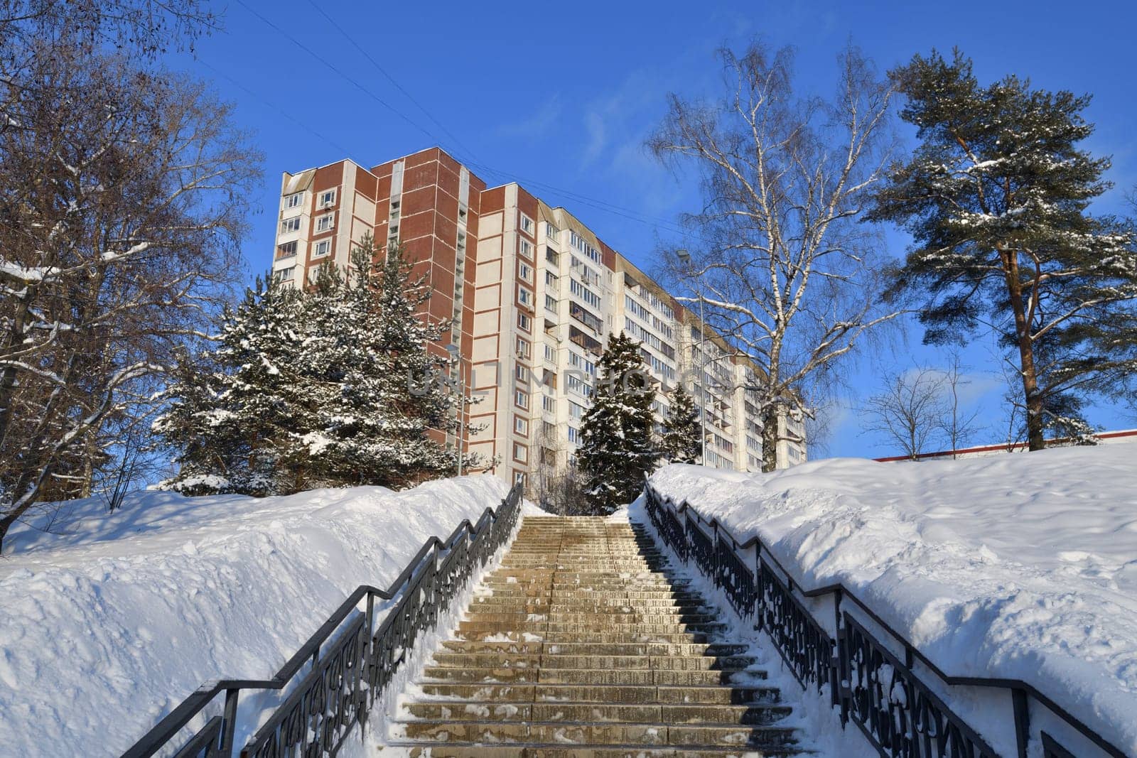 Cityscape with snowdrifts in the Zelenograd in Moscow, Russia