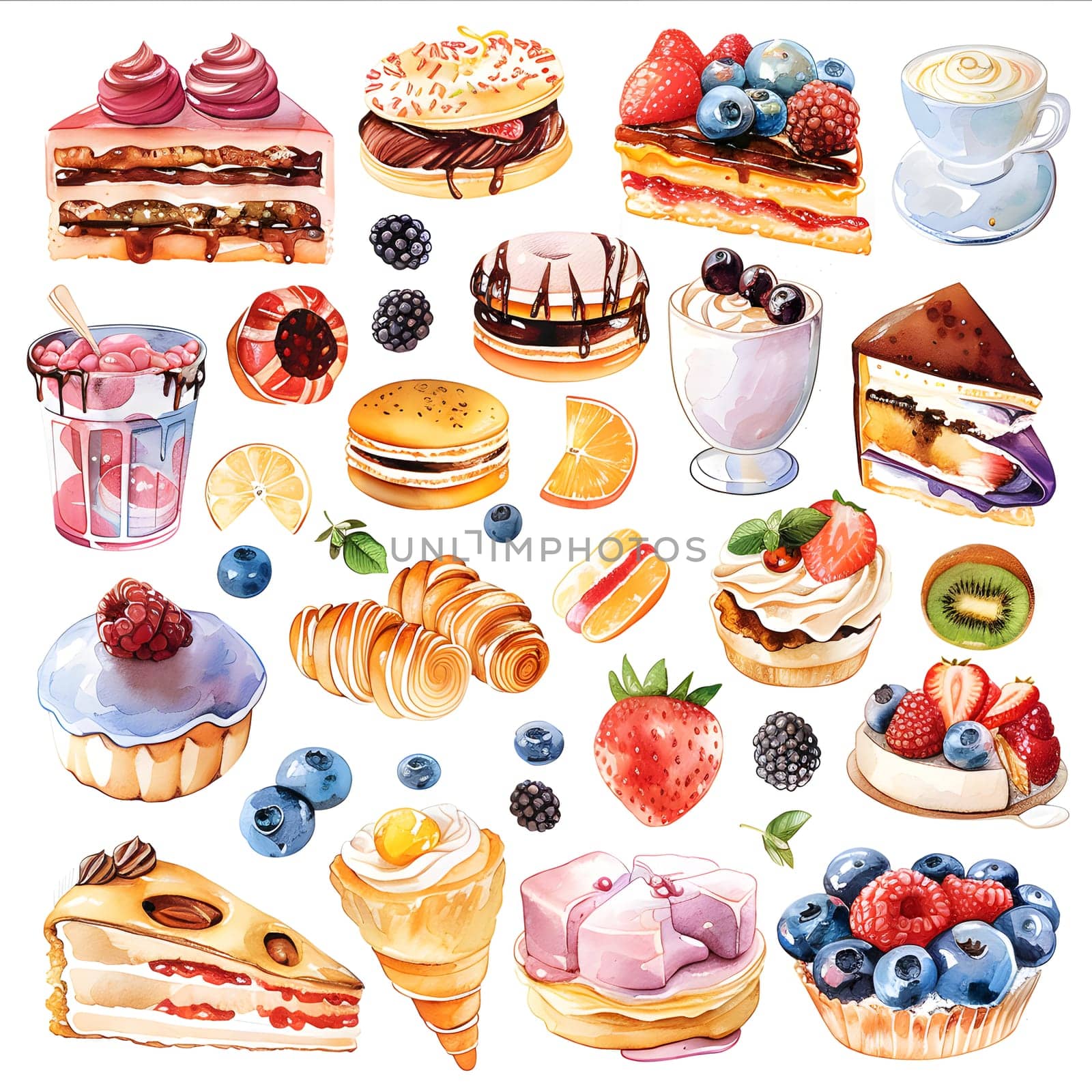 Watercolor paintings of delectable desserts and fresh berries by Nadtochiy