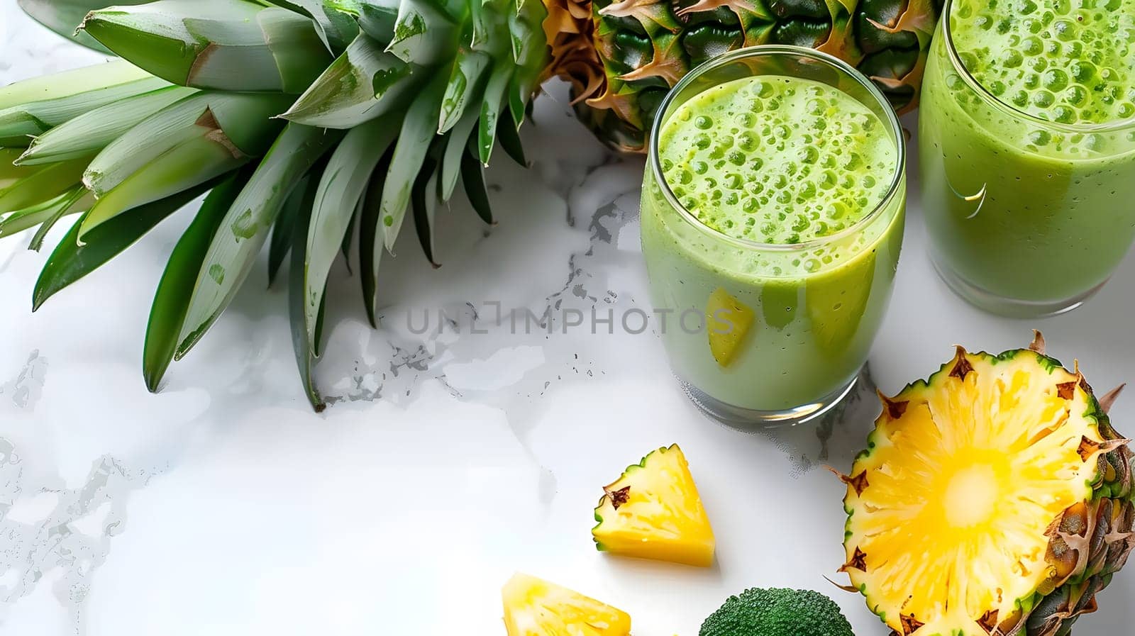 Food Pineapple and green smoothie in glass on table by Nadtochiy