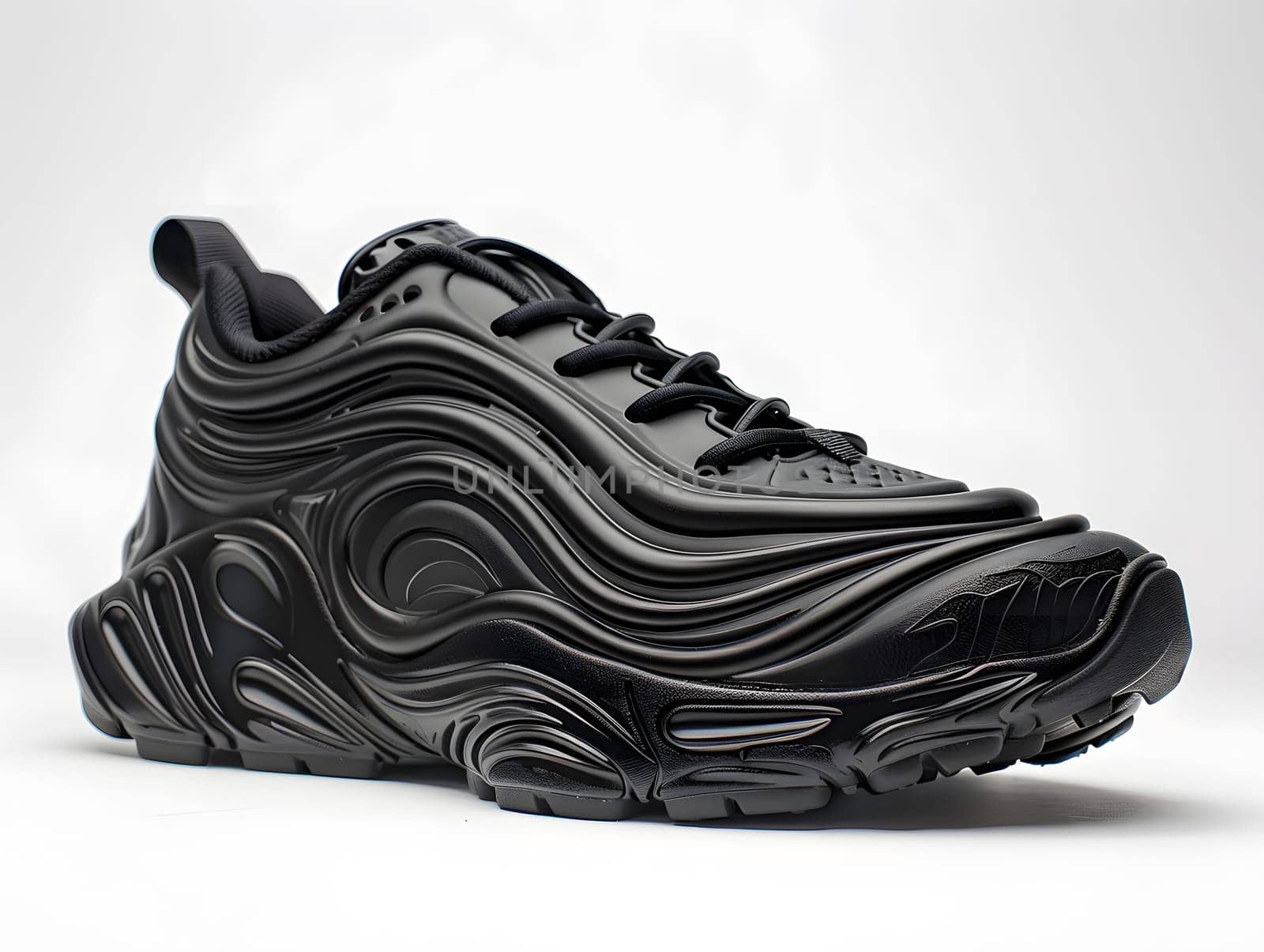 A closeup of a black athletic shoe on a white surface, showcasing the intricate pattern and detailing. The contrast between the shoe and background creates a striking still life photography image