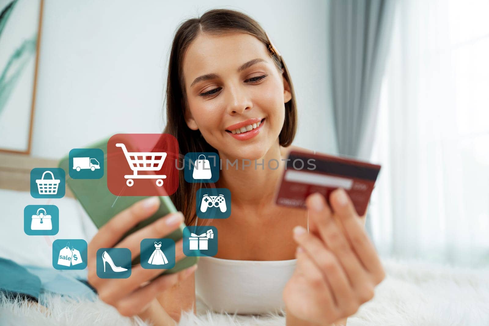 Elegant customer wearing white tank top holding credit card typing phone choosing online platform. Smart consumer opening e-commerce application use cashless technology shopping inventory. Cybercash.